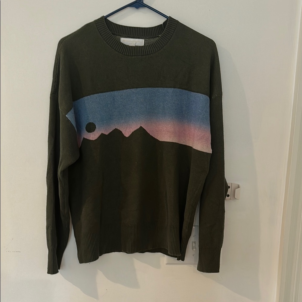 Spiritual Gangster Olive Green Sweater with Blue and Pink Design